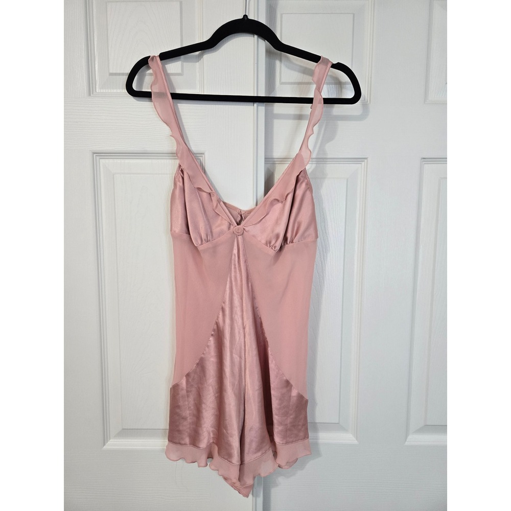 Victorias secret Rose Pink Satin Mesh Teddy Bodysuit Ruffle Rosette Lingerie L